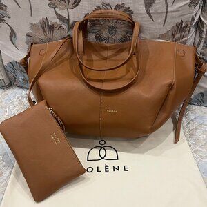 POLENE Camel Textured Large White Machine Stitched Tote